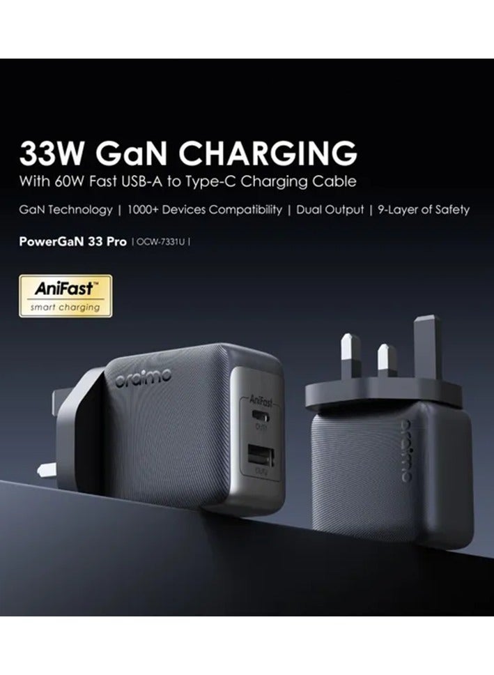 Oraimo Wall Charger PowerGaN 33 Pro USB-C and USB Ports 33W With Cable USB To USB-C - Black - Image 2