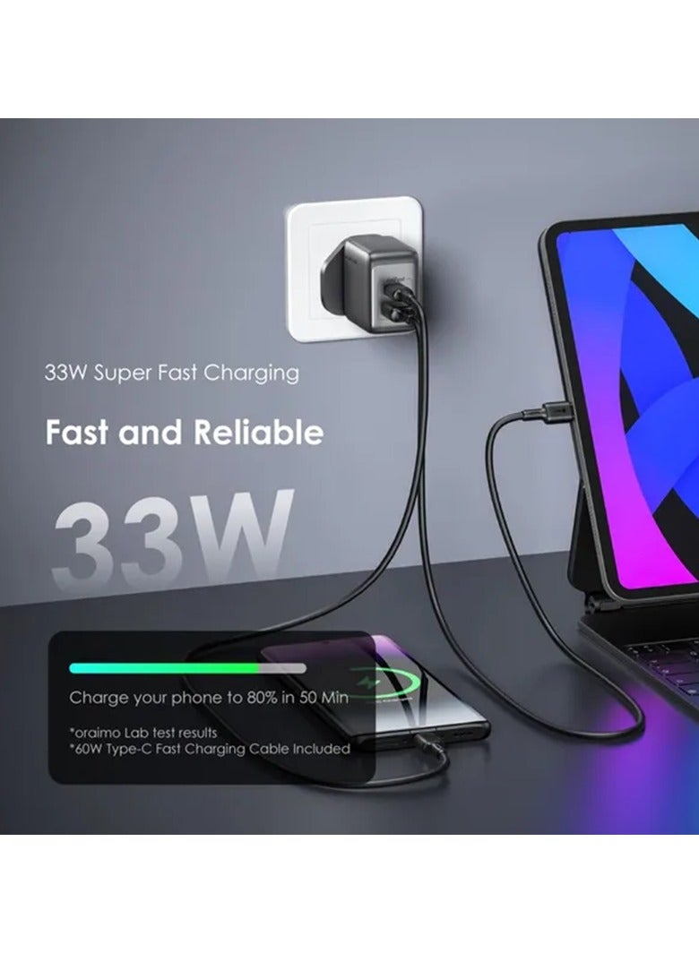 Oraimo Wall Charger PowerGaN 33 Pro USB-C and USB Ports 33W With Cable USB To USB-C - Black - Image 4