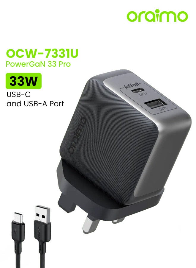 Oraimo Wall Charger PowerGaN 33 Pro USB-C and USB Ports 33W With Cable USB To USB-C - Black - Image 1