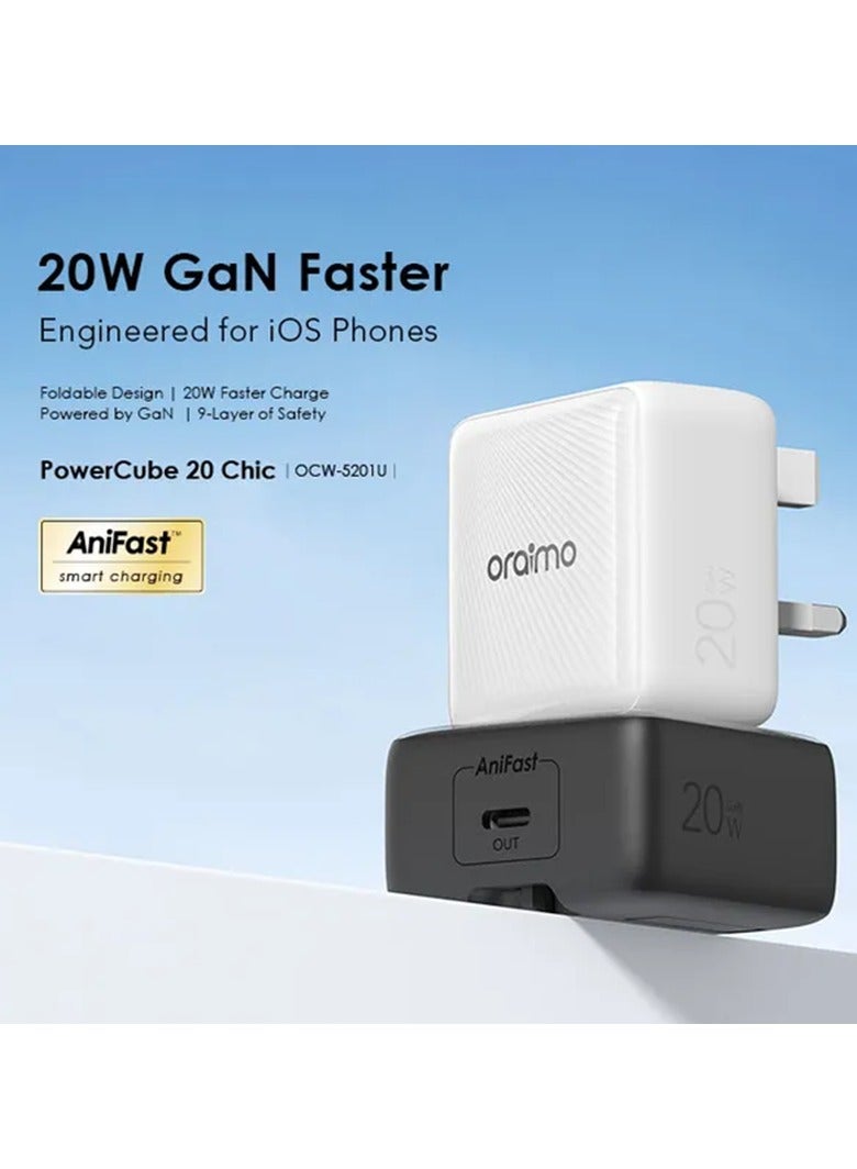Oraimo Wall Charger PowerCube 20 Chic USB-C Port 20W With USB-C Cable - Black - Image 2
