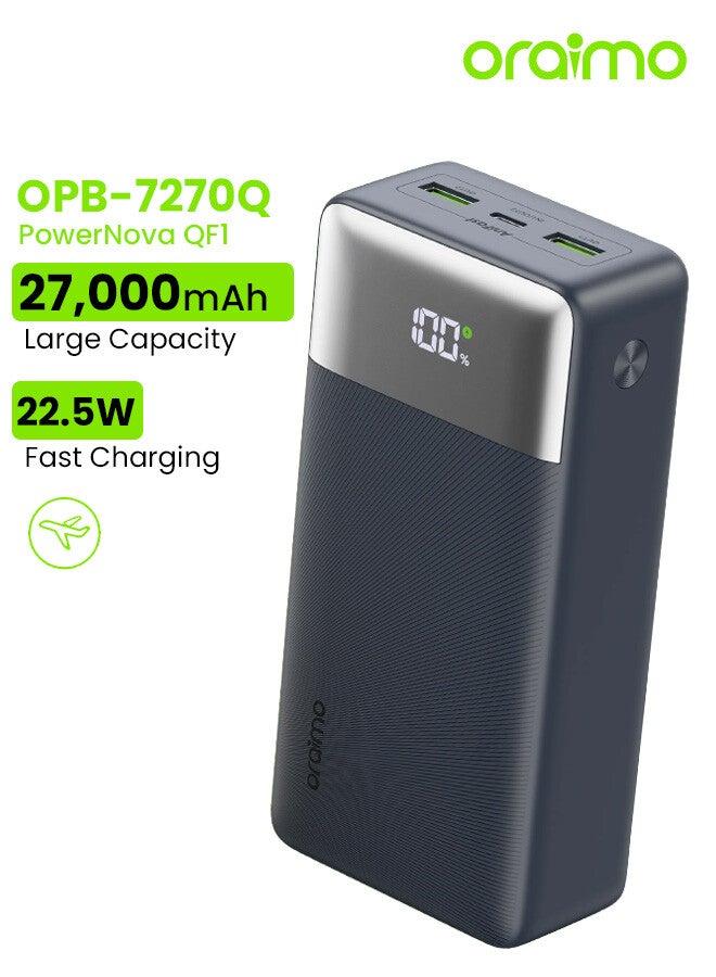 27,000mAh Large Capacity Power Bank (OPB-7270Q ) 22.5 W, 3-Port Portable Charger USB-C and USB-A Smart Digital Display, Compatible with MacBook Pro/ Air, iPhone 17/16 Series, Samsung, Huaiwei, Dell Black