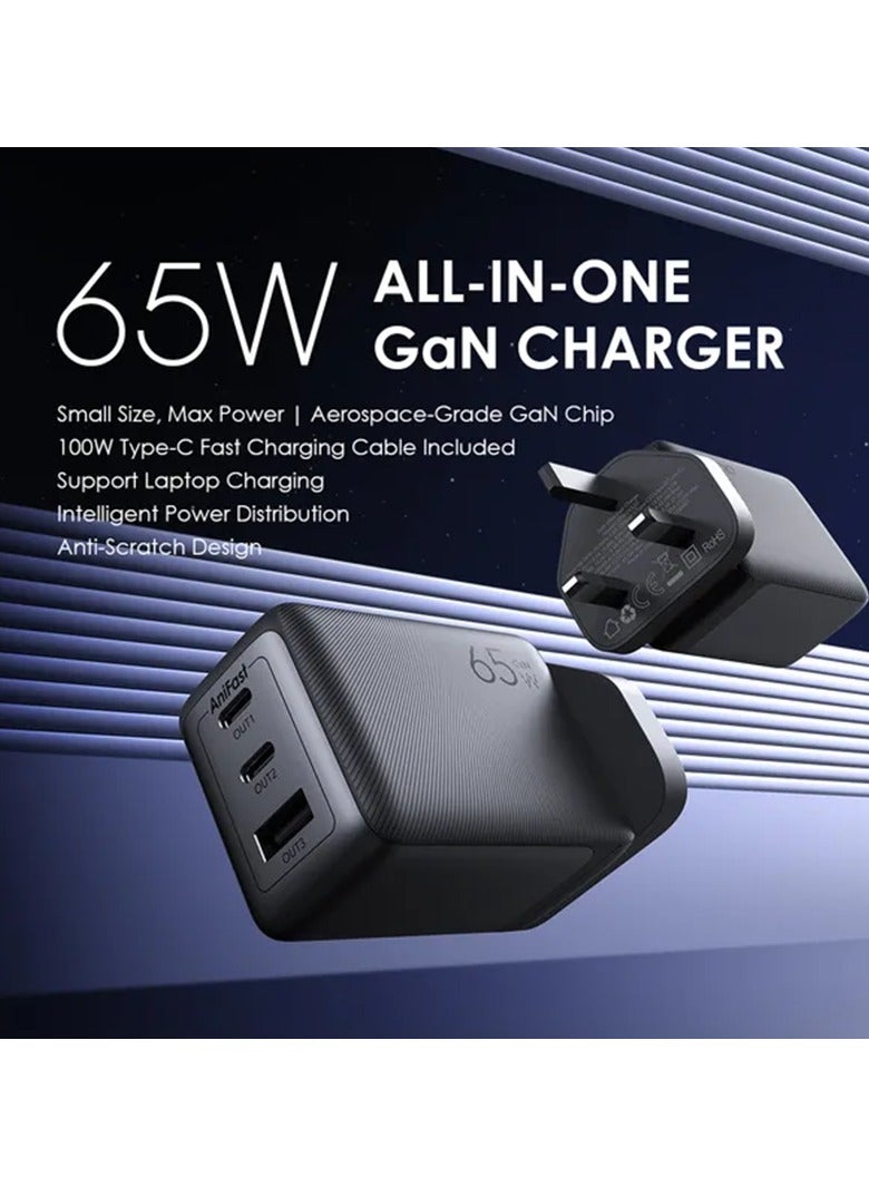 Oraimo Wall Charger HyperGaN 2 USB-C And USB Ports 65W With USB-C Cable - Black - Image 2