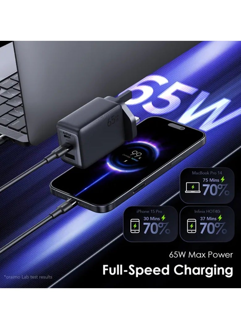 Oraimo Wall Charger HyperGaN 2 USB-C And USB Ports 65W With USB-C Cable - Black - Image 3