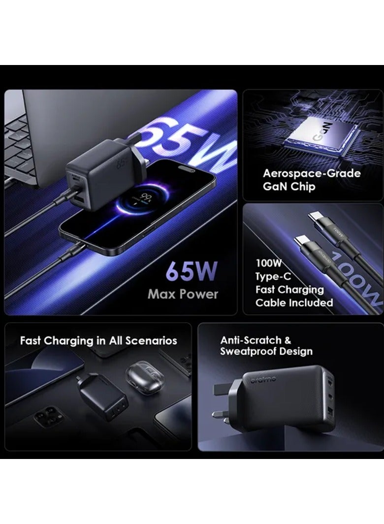 Oraimo Wall Charger HyperGaN 2 USB-C And USB Ports 65W With USB-C Cable - Black - Image 4