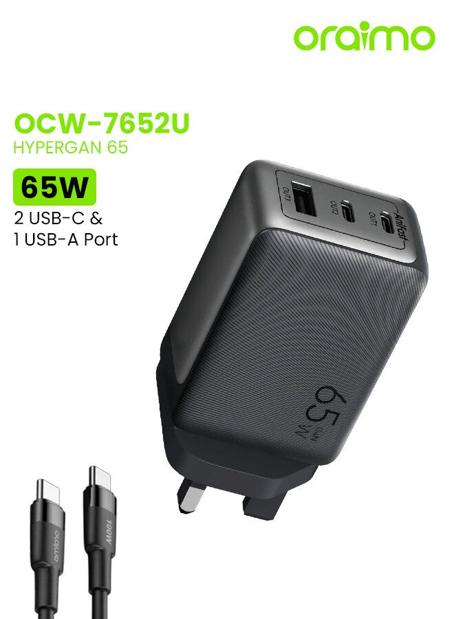 Oraimo Wall Charger HyperGaN 2 USB-C And USB Ports 65W With USB-C Cable - Black - Image 1