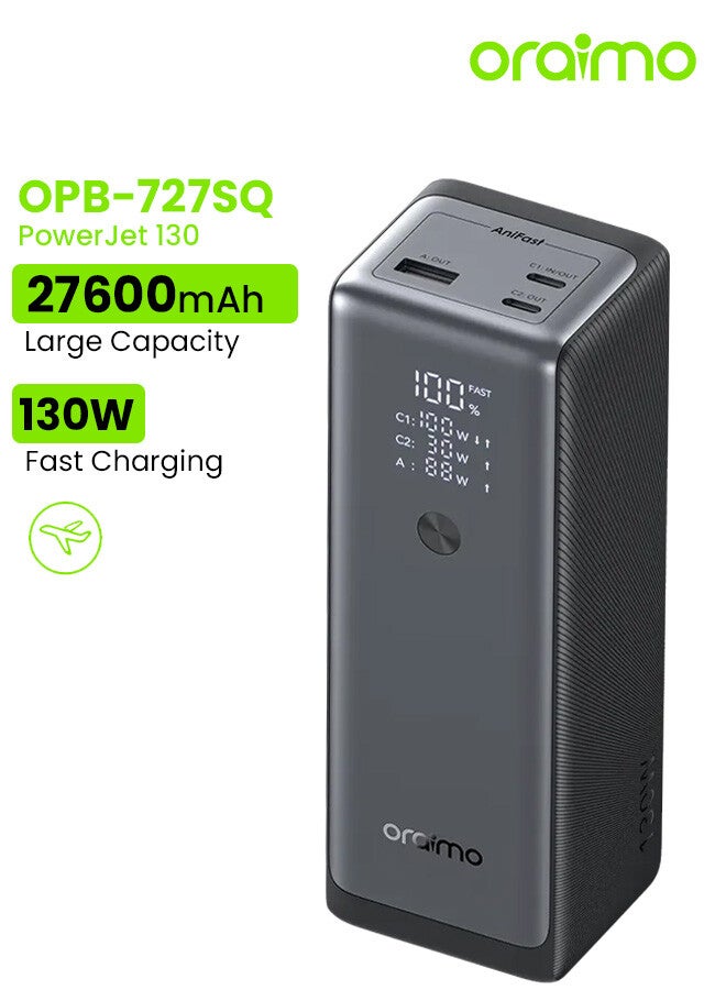 Oraimo 27600mAh Large Capacity Power Bank, 130W Fast Charging, Portable Charger with USB-C1 (100W), USB-C2 (30W), and USB-A (22.5W), Smart TFT LCD Display, Input/Output Ports, Powers laptops and Phones simultaneously Portable Charger PowerJet130 Black - Image 1