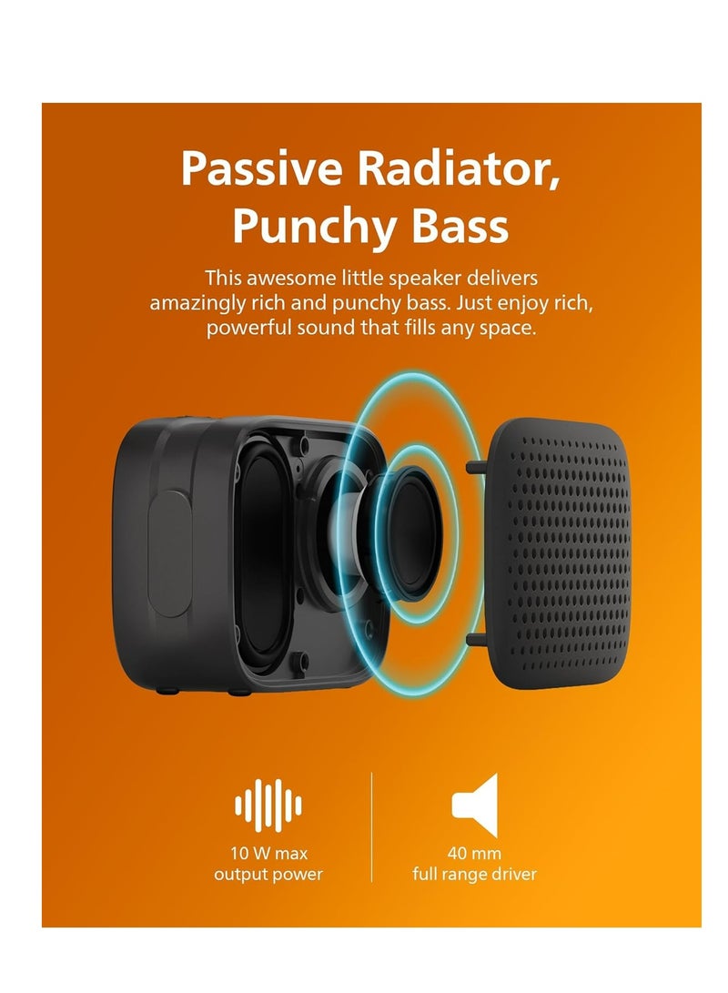 Philips TAS1209 Portable Bluetooth Speaker,Passive Radiator, 12H Battery,TWS Pairing,Support Stereo Sound,Bluetooth 5.3, IPX4 Waterproof, Wireless Speakers with Extra Bass, Quality Sound,Hands-Free Calling for Indoor & Outdoor, Small Black - Image 2