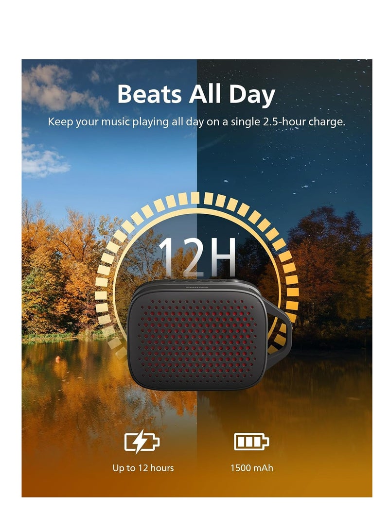 Philips TAS1209 Portable Bluetooth Speaker,Passive Radiator, 12H Battery,TWS Pairing,Support Stereo Sound,Bluetooth 5.3, IPX4 Waterproof, Wireless Speakers with Extra Bass, Quality Sound,Hands-Free Calling for Indoor & Outdoor, Small Black - Image 5