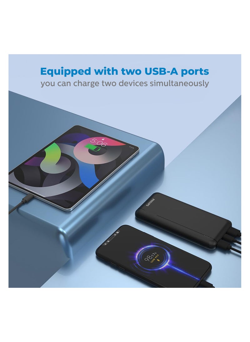 فيليبس Battery Compact And Portable Power Bank, 20W, USB-A And USB-C Ports With LED Power Indicator - Black - Image 3