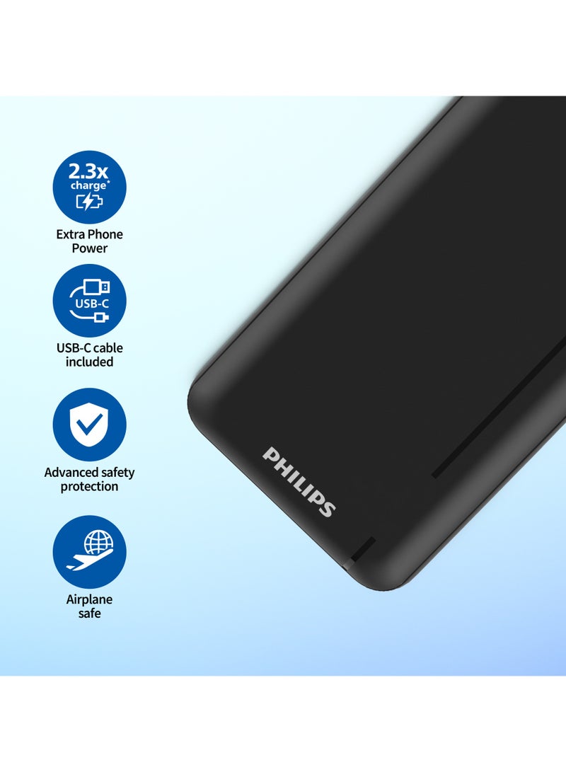 فيليبس Battery Compact And Portable Power Bank, 20W, USB-A And USB-C Ports With LED Power Indicator - Black - Image 2