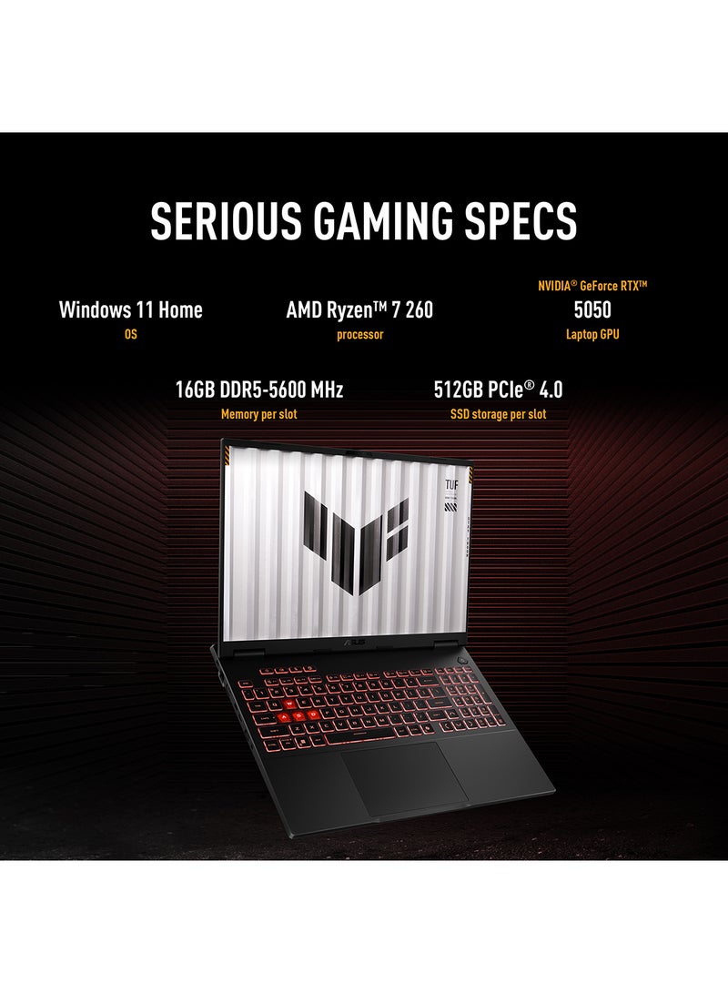 ASUS TUF A16 Gaming (2025) Laptop – AMD Ryzen 7-260 / 16inch FHD+ / 512GB SSD / 16GB RAM / 8GB NVIDIA GeForce RTX 5050 Graphics / Windows 11 Home – [FA608UH-G1S825W] English Jaeger Gray  - Image 3