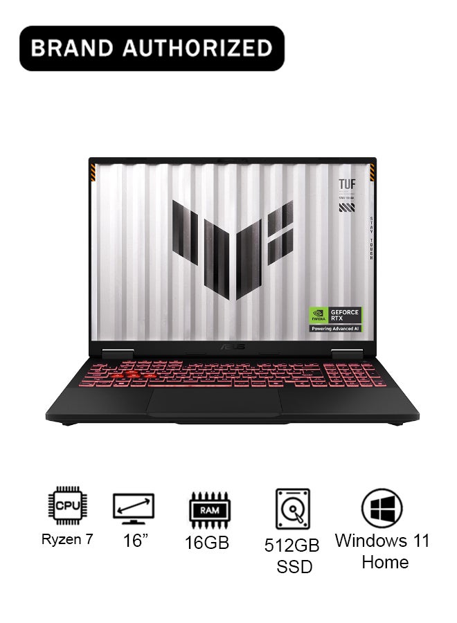 أسوس TUF A16 Gaming (2025) Laptop – AMD Ryzen 7-260 / 16inch FHD+ / 512GB SSD / 16GB RAM / 8GB NVIDIA GeForce RTX 5050 Graphics / Windows 11 Home – [FA608UH-G1S825W] English Jaeger Gray English Jaeger Gray - Image 1
