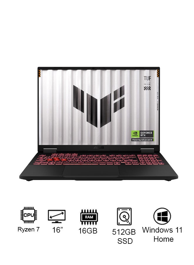 أسوس لابتوب TUF A16 للألعاب (2025) – AMD Ryzen 7-260 / 16 بوصة FHD+ / 512 جيجابايت SSD / 16 جيجابايت RAM / 8 جيجابايت NVIDIA GeForce RTX 5050 رسومات / ويندوز 11 هوم – [FA608UH-G1S825W] رمادي إنجليزي جايجر - Image 1
