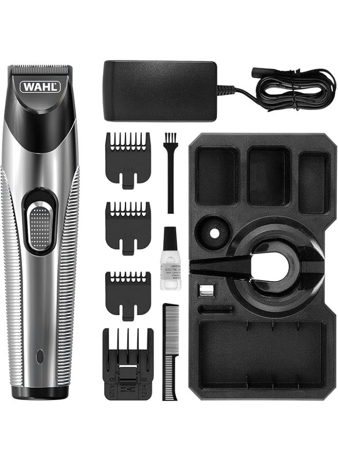 وال 9891-017 ماكينة حلاقة فضية مزودة بحافة/بدون سلك تعمل حتى 60 دقيقة مع 4 مشط حلاقة و 13 طول قطع، فرشاة تنظيف وزيت تشحيم، 100-240 فولت~50/60 هرتز - Image 1