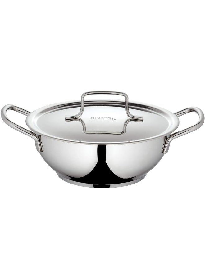 BOROSIL Stainless Steel Deep Kadhai With Lid, Impact Bonded Tri-Ply Bottom, 2.8 L, Silver 2.8 Liters - Image 1