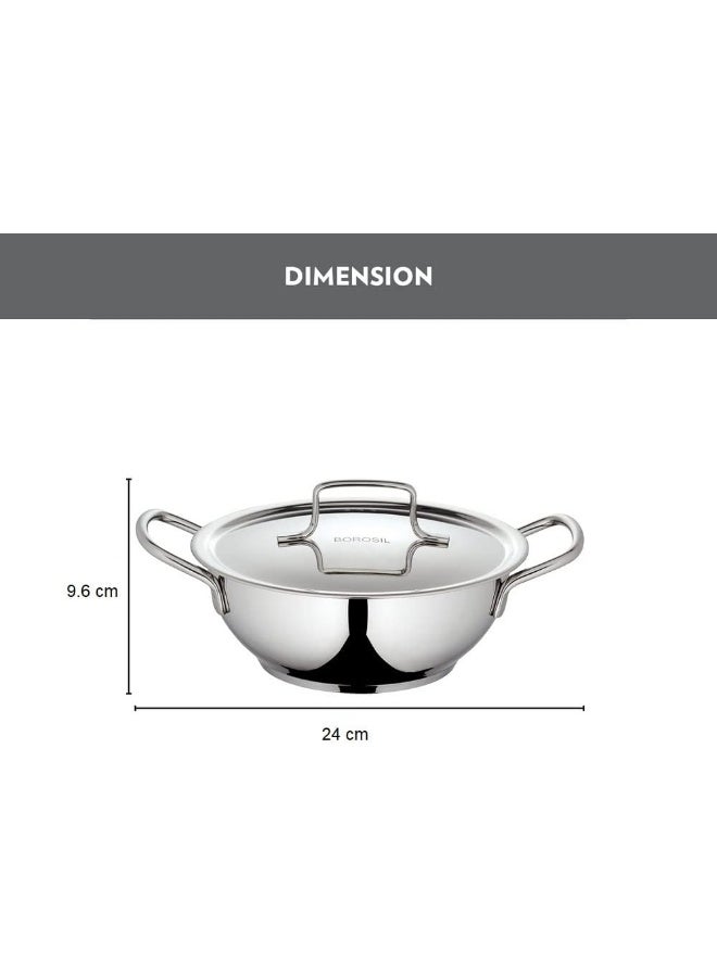 BOROSIL Stainless Steel Deep Kadhai With Lid, Impact Bonded Tri-Ply Bottom, 2.8 L, Silver 2.8 Liters - Image 3