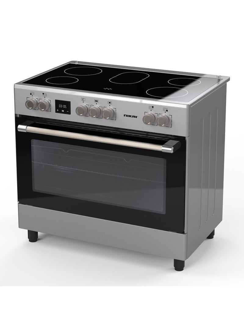 نيكاي موقد كهربائي 90x60 سم مع سطح زجاجي سيراميكي، 5 شعلات، فرن كبير، فولاذ مقاوم للصدأ، طهي متعدد الوظائف، مؤقت رقمي - Image 3