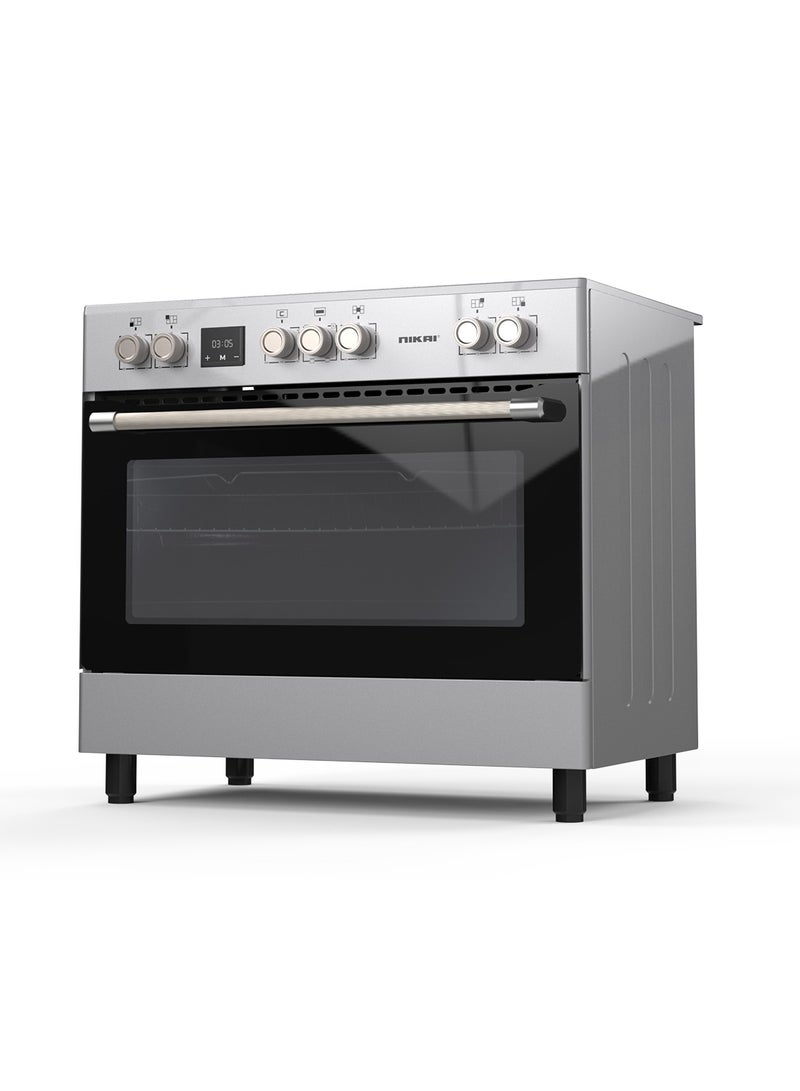 نيكاي موقد كهربائي 90x60 سم مع سطح زجاجي سيراميكي، 5 شعلات، فرن كبير، فولاذ مقاوم للصدأ، طهي متعدد الوظائف، مؤقت رقمي - Image 4