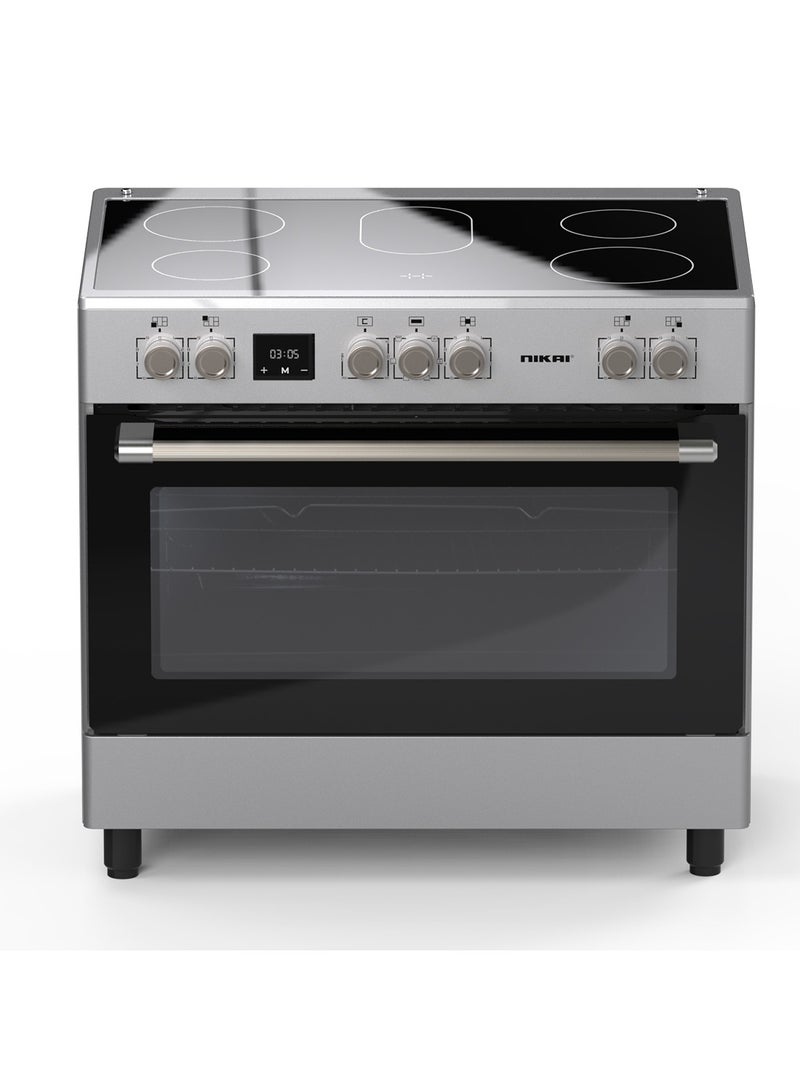 نيكاي موقد كهربائي 90x60 سم مع سطح زجاجي سيراميكي، 5 شعلات، فرن كبير، فولاذ مقاوم للصدأ، طهي متعدد الوظائف، مؤقت رقمي - Image 2
