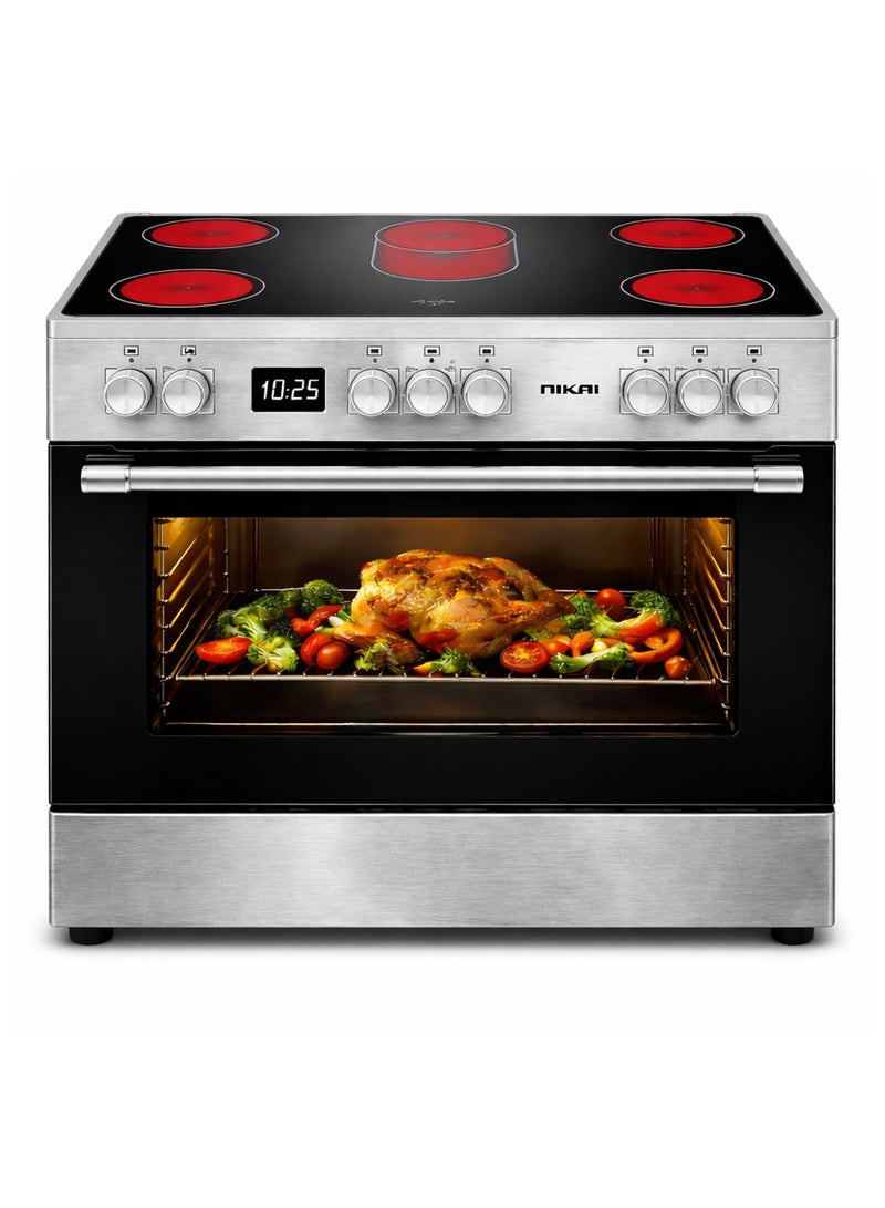 نيكاي موقد كهربائي 90x60 سم مع سطح زجاجي سيراميكي، 5 شعلات، فرن كبير، فولاذ مقاوم للصدأ، طهي متعدد الوظائف، مؤقت رقمي - Image 1