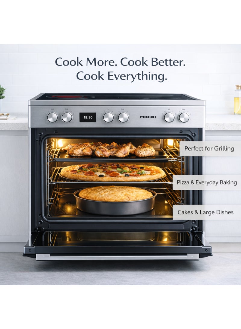 نيكاي موقد كهربائي 90x60 سم مع سطح زجاجي سيراميكي، 5 شعلات، فرن كبير، فولاذ مقاوم للصدأ، طهي متعدد الوظائف، مؤقت رقمي - Image 4