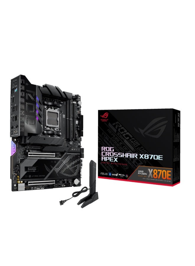 أسوس ROG Crosshair X870E Apex ATX Gaming Motherboard, AM5, X870E Chipset, DDR5 (2-DIMM, Up to 128GB, OC 10200MT/s+), Ryzen 7000/8000/9000, PCIe 5.0 x16, 5x M.2 (3x Gen5), Wi-Fi 7, 5Gb LAN, USB4, USB-C 60W PD, SupremeFX Audio, Extreme OC Tools, AI Cooling, BIOS Flashback | 90MB1KR0-M0EAY0  - Image 1