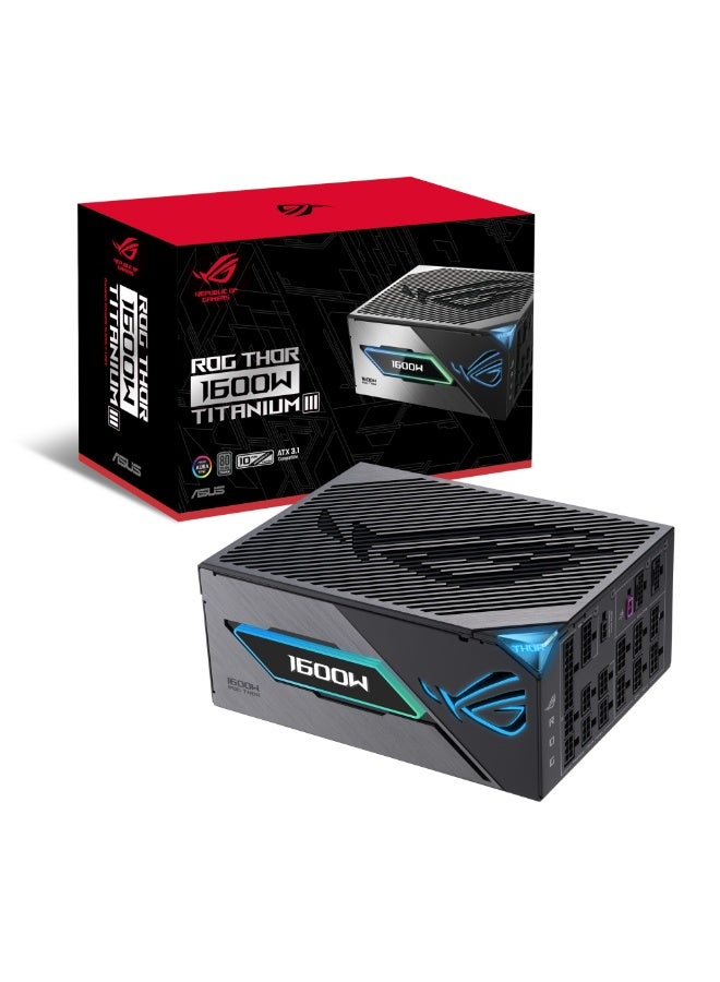 ASUS ROG Thor 1600W Titanium III Power Supply, ATX 3.1, 80 Plus Titanium Certified, Fully Modular, PCIe 5.1 Ready, Dual 16-Pin Cables, GaN MOSFETs, OLED Power Display, Zero dB Cooling, RGB Aura Sync, Black | 90YE00V1-B0NA00  - Image 1