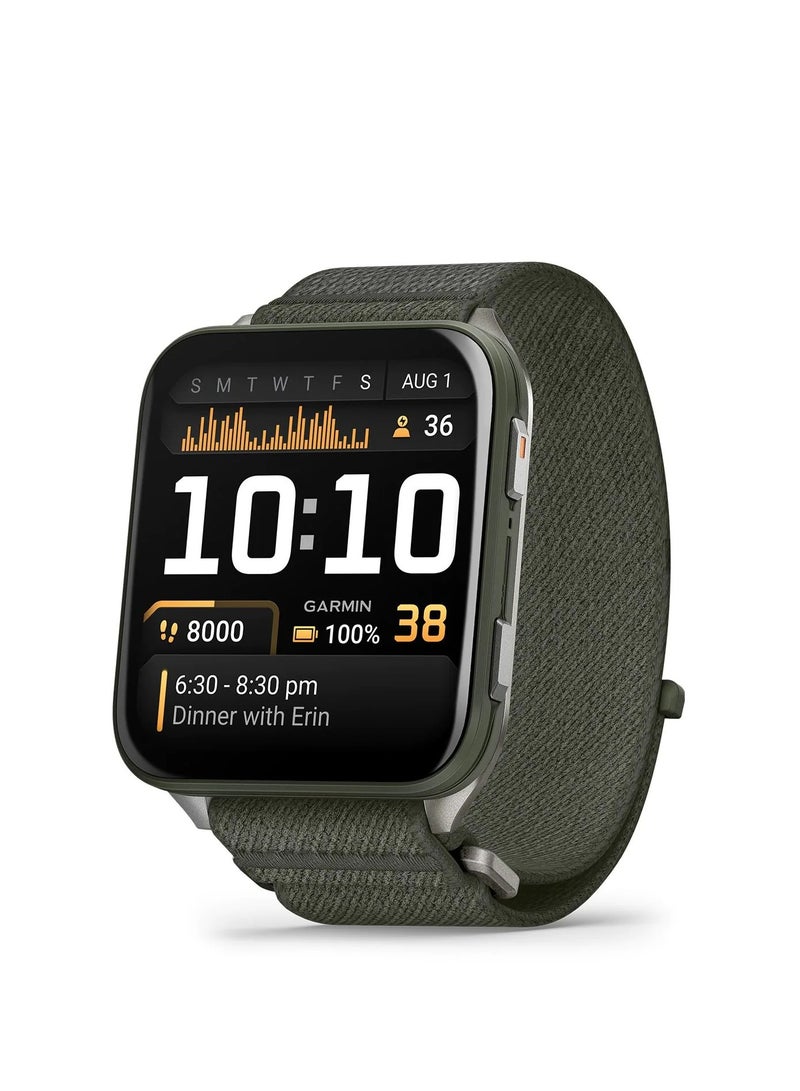 GARMIN Venu X1 - 41MM - Moss with Titanium Caseback and Moss Comfortfit Nylon Band - Up to 8 Days of Battery life - 2.0" Amoled Display, sapphire crystal, Heart Rate Monitor, All day stress monitor, Tap to Pay, Super bright LED flashlight, iOS and Android compatible Titanium - Image 1