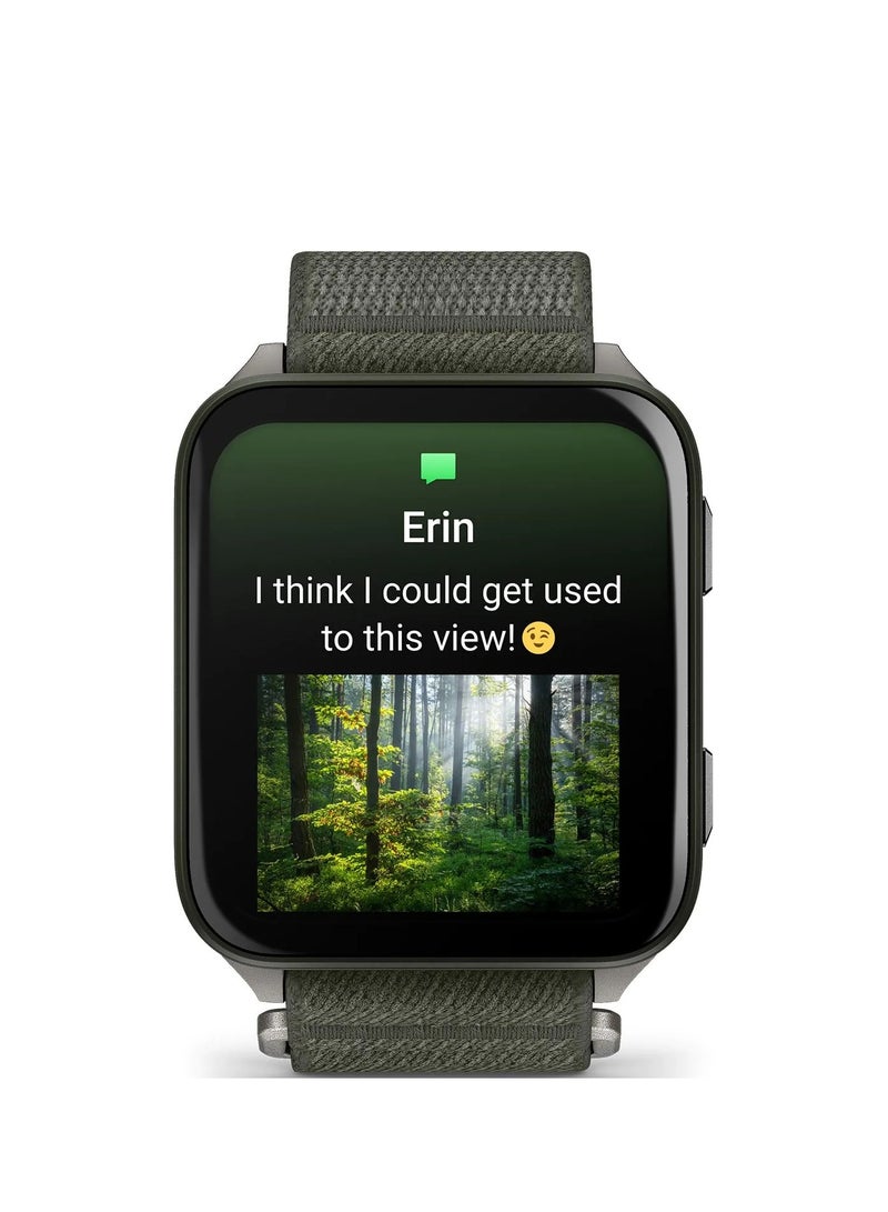 GARMIN Venu X1 - 41MM - Moss with Titanium Caseback and Moss Comfortfit Nylon Band - Up to 8 Days of Battery life - 2.0" Amoled Display, sapphire crystal, Heart Rate Monitor, All day stress monitor, Tap to Pay, Super bright LED flashlight, iOS and Android compatible Titanium - Image 5