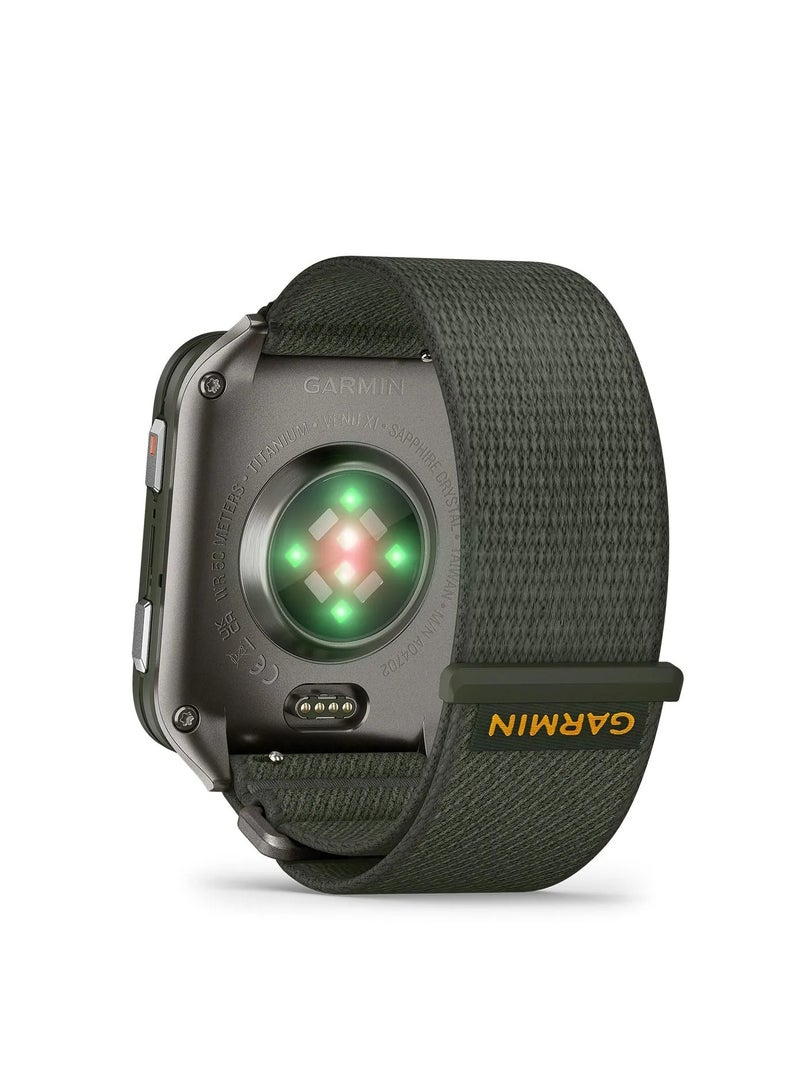 GARMIN Venu X1 - 41MM - Moss with Titanium Caseback and Moss Comfortfit Nylon Band - Up to 8 Days of Battery life - 2.0" Amoled Display, sapphire crystal, Heart Rate Monitor, All day stress monitor, Tap to Pay, Super bright LED flashlight, iOS and Android compatible Titanium - Image 3