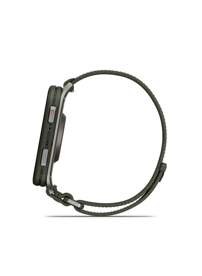 GARMIN Venu X1 - 41MM - Moss with Titanium Caseback and Moss Comfortfit Nylon Band - Up to 8 Days of Battery life - 2.0" Amoled Display, sapphire crystal, Heart Rate Monitor, All day stress monitor, Tap to Pay, Super bright LED flashlight, iOS and Android compatible Titanium - Image 2