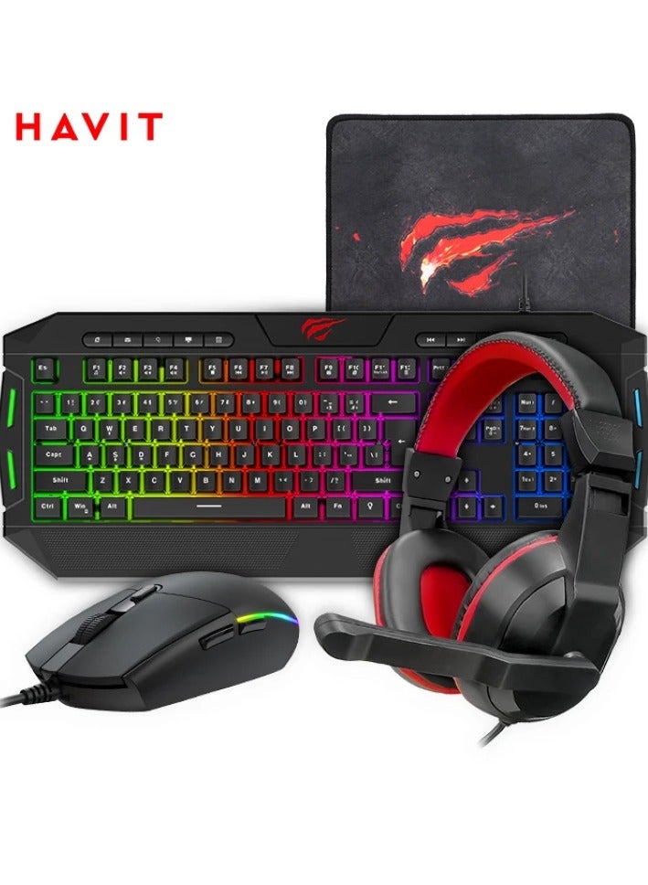 havit 4-in-1 Gaming Combo Set: RGB Backlit Mouse, LED Backlit 114-Key Multimedia Keyboard, 3.5mm Stereo Headset with Mic, Fine-Mesh Mouse Pad – USB Wired, 6-Button Mouse with 800-2400 DPI, Anti-Ghosting Keys, 40mm Drivers, Compatible with Windows, Mac, Linux Desktops and Laptops, Ideal for Gaming, Work, Music, and More  - Image 1