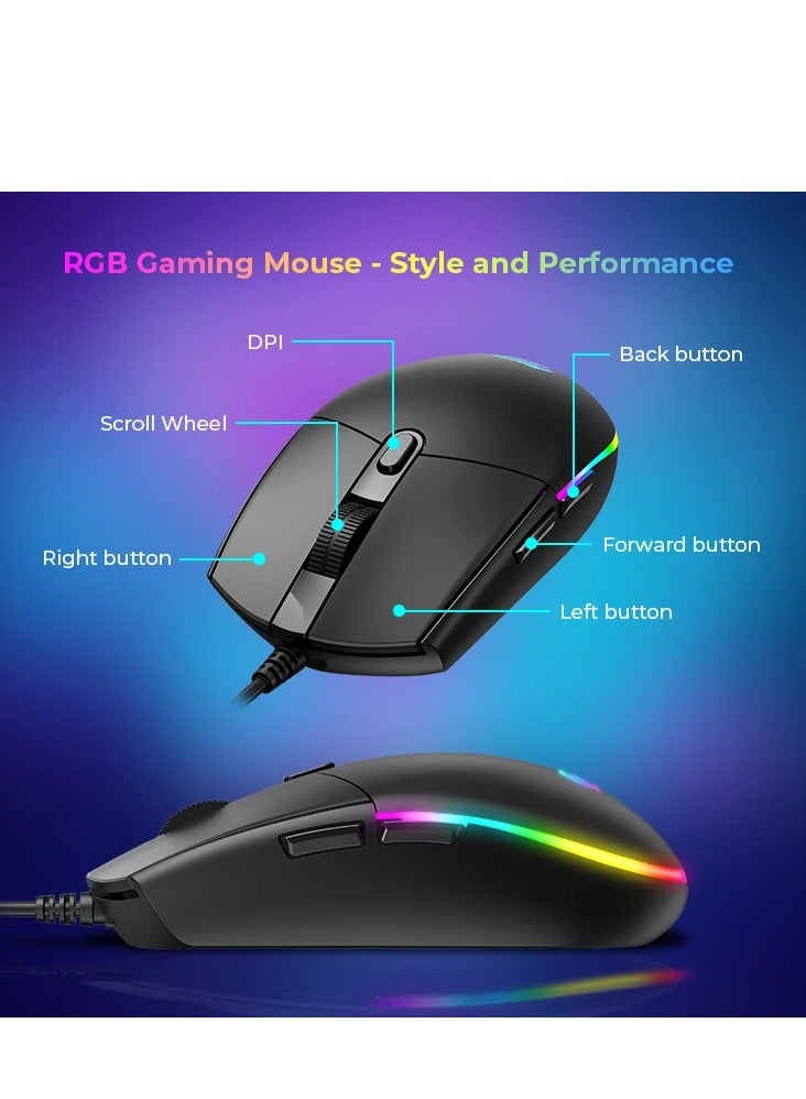 havit 4-in-1 Gaming Combo Set: RGB Backlit Mouse, LED Backlit 114-Key Multimedia Keyboard, 3.5mm Stereo Headset with Mic, Fine-Mesh Mouse Pad – USB Wired, 6-Button Mouse with 800-2400 DPI, Anti-Ghosting Keys, 40mm Drivers, Compatible with Windows, Mac, Linux Desktops and Laptops, Ideal for Gaming, Work, Music, and More  - Image 3