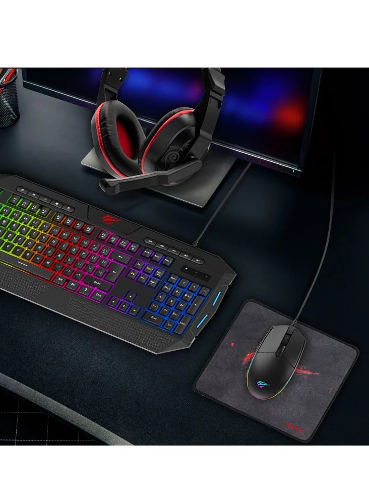 havit 4-in-1 Gaming Combo Set: RGB Backlit Mouse, LED Backlit 114-Key Multimedia Keyboard, 3.5mm Stereo Headset with Mic, Fine-Mesh Mouse Pad – USB Wired, 6-Button Mouse with 800-2400 DPI, Anti-Ghosting Keys, 40mm Drivers, Compatible with Windows, Mac, Linux Desktops and Laptops, Ideal for Gaming, Work, Music, and More  - Image 5