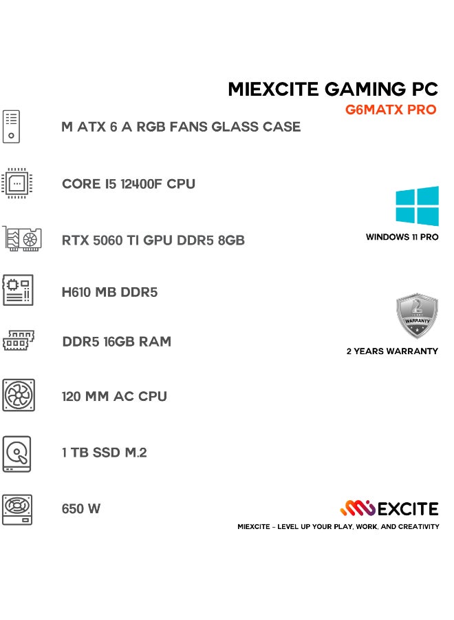 ام اي اكسايت بي سي العاب بمعالج Core i5 12400F/ذاكرة وصول عشوائي (RAM) سعة 16 جيجابايت DDR5/قرص صلب SSD سعة 1 تيرابايت/بطاقة رسومات Nvidia GeForce RTX 5060 Ti/نظام التشغيل ويندوز 11 برو/ - Image 3