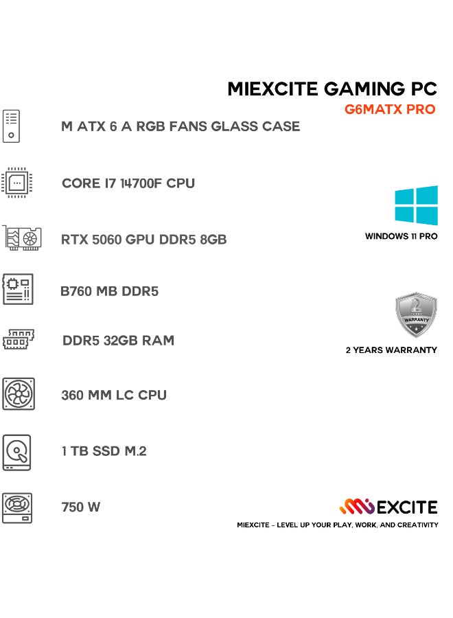 ام اي اكسايت بي سي العاب بمعالج Core i7 14700F/ذاكرة وصول عشوائي (RAM) سعة 32 جيجابايت DDR5/قرص صلب SSD سعة 1 تيرابايت/بطاقة رسومات Nvidia GeForce RTX 5060/ويندوز 11 برو/ - Image 3
