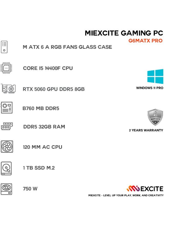 MI Excite Gaming PC With Core i5 14400F Processor/32GB RAM DDR5/1TB SSD/8GB Nvidia GeForce RTX 5060 Graphics/Windows 11 Pro/ Black - Image 3