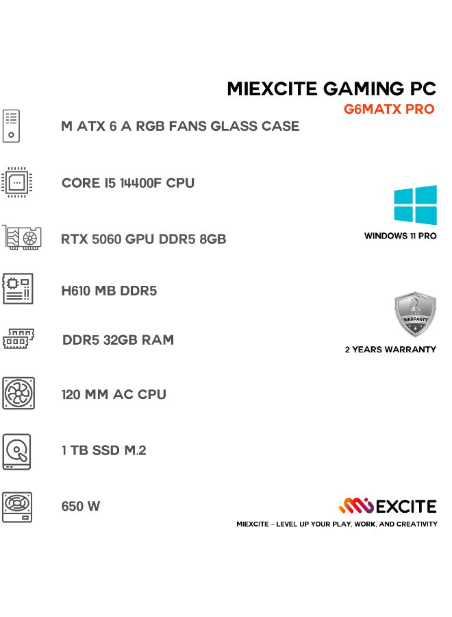 ام اي اكسايت بي سي العاب بمعالج Core i5 14400F/ذاكرة وصول عشوائي (RAM) سعة 16 جيجابايت DDR5/محرك أقراص صلبة سعة 1 تيرابايت SSD/بطاقة رسومات Nvidia GeForce RTX 5060/نظام التشغيل ويندوز 11 برو/ - Image 3