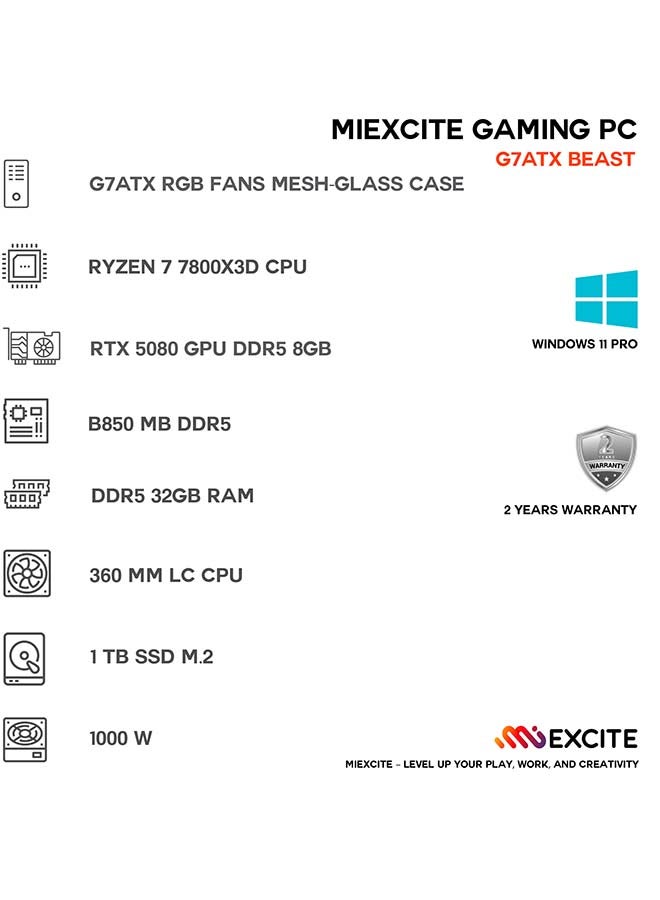 ام اي اكسايت بي سي العاب بمعالج Ryzen 7-7800X3D/ذاكرة وصول عشوائي (RAM) سعة 32 جيجابايت DDR5/محرك أقراص SSD سعة 1 تيرابايت/بطاقة رسومات Nvidia GeForce RTX 5080/نظام التشغيل ويندوز 11 برو/ - Image 3