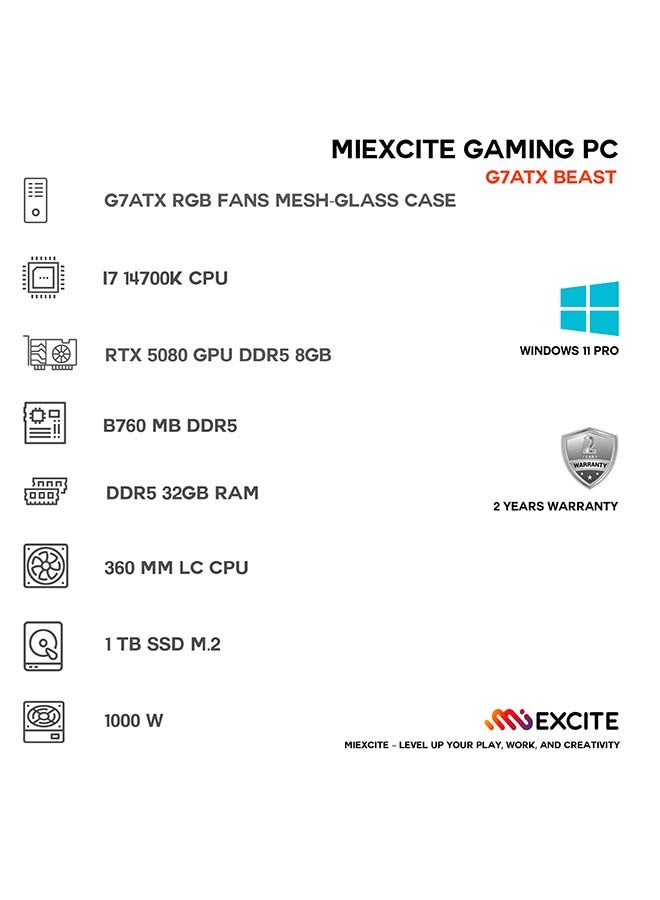 ام اي اكسايت بي سي العاب بمعالج Core i7 14700K/ذاكرة وصول عشوائي (RAM) سعة 32 جيجابايت DDR5/محرك أقراص صلبة SSD سعة 1 تيرابايت/بطاقة رسومات Nvidia GeForce RTX 5080/نظام التشغيل ويندوز 11 برو/ - Image 3