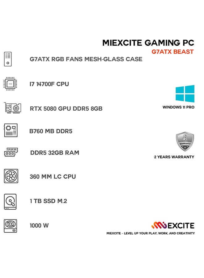 ام اي اكسايت بي سي العاب بمعالج Core i7 14700F/ذاكرة وصول عشوائي (RAM) سعة 32 جيجابايت DDR5/محرك أقراص صلبة سعة 1 تيرابايت SSD/بطاقة رسومات Nvidia GeForce RTX 5080/نظام التشغيل ويندوز 11 برو/ - Image 3