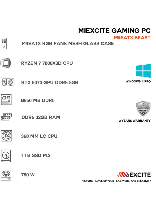 MI Excite Gaming PC With Ryzen 7 7800X3D Processor/32GB RAM DDR5/ 1TB SSD/ 12GB Nvidia GeForce RTX 5070 Graphics/ Windows 11 Pro/ Black - Image 3