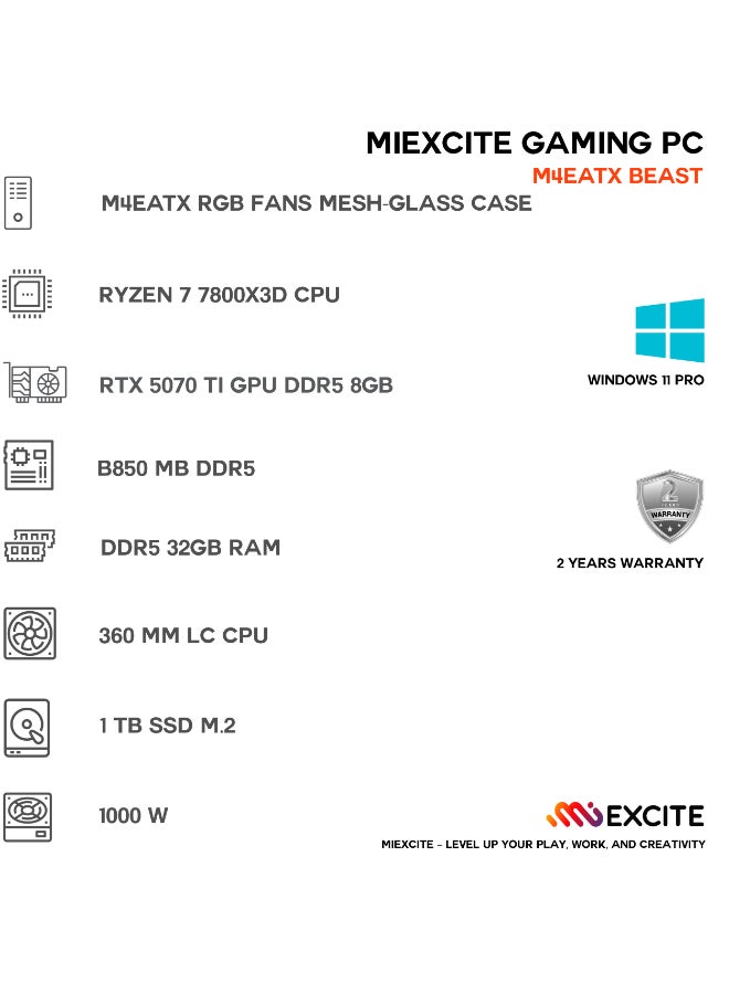 ام اي اكسايت بي سي العاب بمعالج Ryzen 7 7800X3D/ذاكرة وصول عشوائي (RAM) سعة 32 جيجابايت DDR5/قرص تخزين SSD سعة 1 تيرابايت/بطاقة رسومات Nvidia GeForce RTX 5070 Ti/نظام التشغيل ويندوز 11 برو/ - Image 3