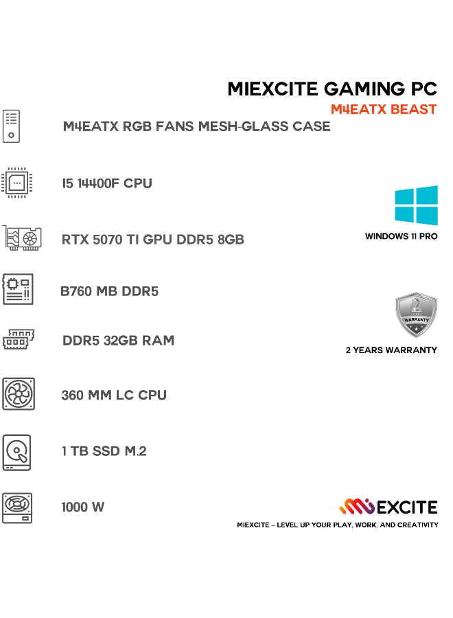 ام اي اكسايت بي سي العاب بمعالج Core i5 14400F/ذاكرة وصول عشوائي (RAM) سعة 32 جيجابايت DDR5/قرص تخزين SSD سعة 1 تيرابايت/بطاقة رسومات Nvidia GeForce RTX 5070 Ti/نظام التشغيل ويندوز 11 برو/ - Image 3