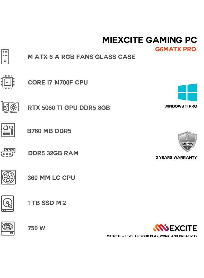 ام اي اكسايت كمبيوتر ألعاب بمعالج كور i7-14700F / 32 جيجابايت رام DDR5 / 1 تيرابايت SSD / بطاقة رسومات Nvidia GeForce RTX 5060 Ti / ويندوز 11 برو - Image 3