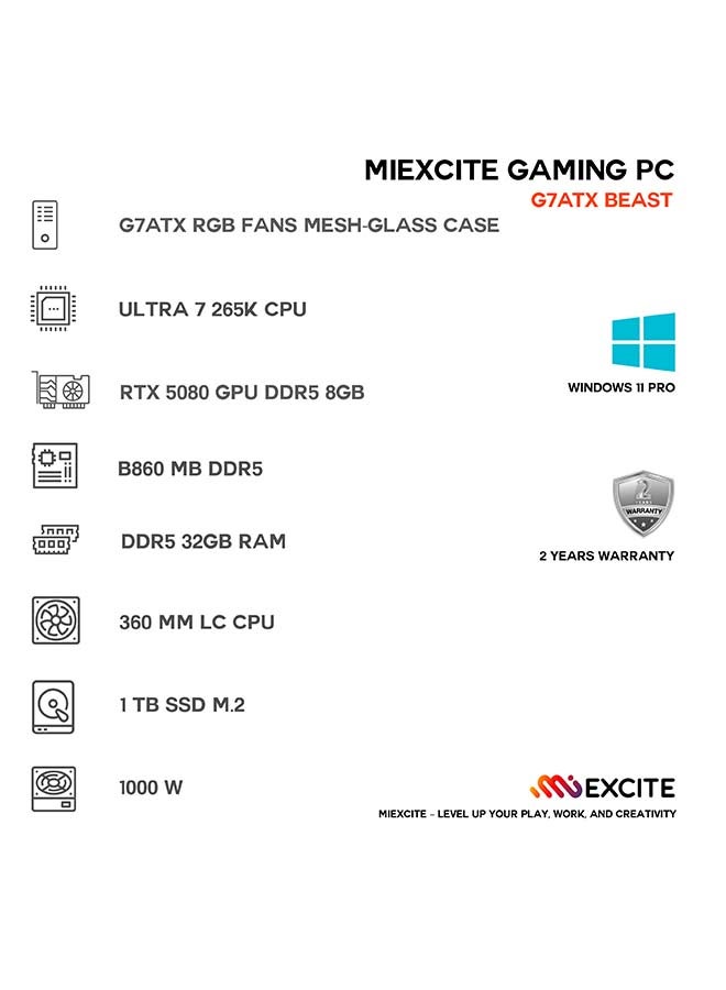ام اي اكسايت بي سي العاب بمعالج Ultra 7 265K/ذاكرة وصول عشوائي (RAM) سعة 32 جيجابايت DDR5/قرص SSD سعة 1 تيرابايت/بطاقة رسومات Nvidia GeForce RTX 5080/نظام التشغيل ويندوز 11 برو/ - Image 3