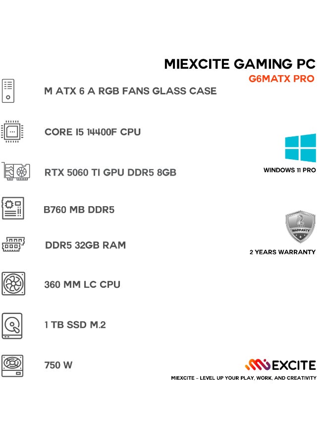 ام اي اكسايت حاسوب ألعاب بمعالج كور i5-14400F / 32 جيجابايت رام DDR5 / 1 تيرابايت SSD / بطاقة رسومات Nvidia GeForce RTX 5060 Ti / ويندوز 11 برو - Image 3