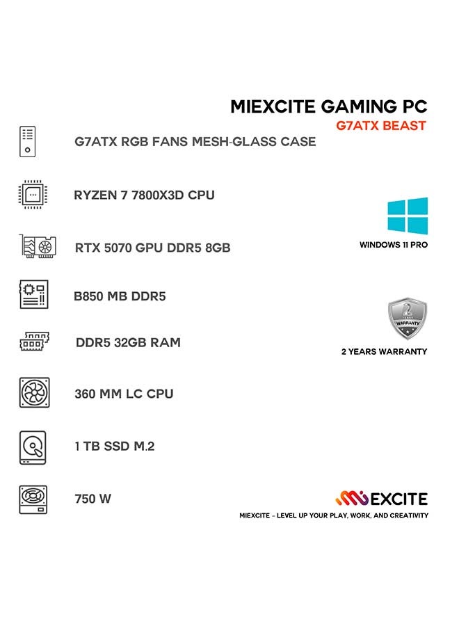 MI Excite Gaming PC With Ryzen 7 7800X3D Processor/32GB RAM DDR5/ 1TB SSD/12GB Nvidia GeForce RTX 5070 Graphics/ Windows 11 Pro/ Black - Image 3