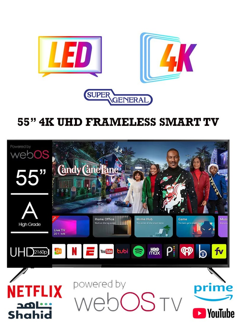 SUPER GENERAL 55 Inch 4K UHD LED WebOS Smart Tv Platinum Series,Cinema Screen Design 4K Ultra HDR, Dolby Audio, Smart Voice Control, Apps YouTube, Netflix, Shahid - SGLED55HKUSWTS2 Black - Image 1