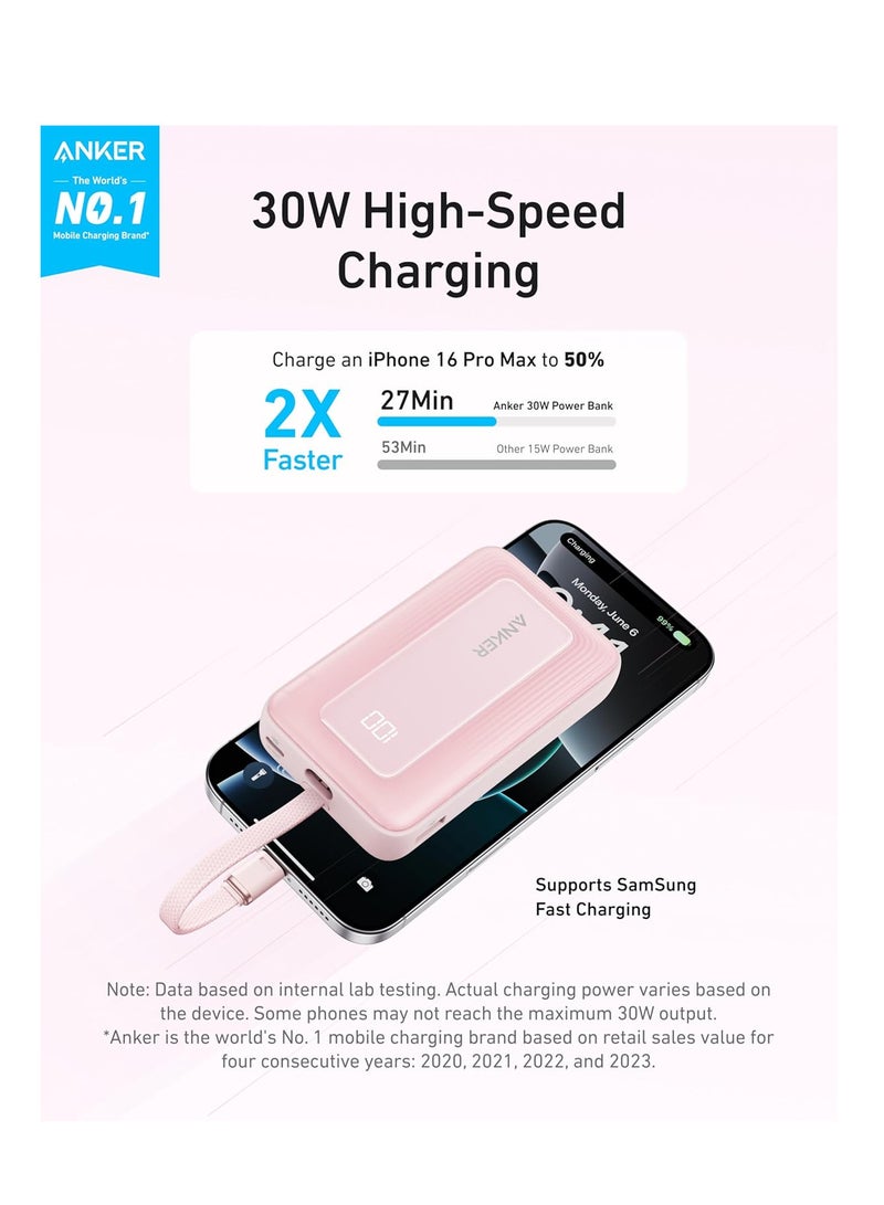 Anker 10000 mAh Anker Portable Charger, 10,000mAh 30W Power Bank, USB-C in and Out Fast Charging Battery Pack, Travel Essential Phone Power Bank, for iPhone 16/15, iPad, MacBook, Galaxy, Google, and More Pink  - Image 2